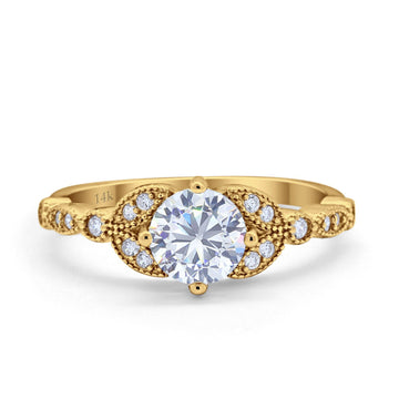 14K Yellow Gold Art Deco Wedding Ring Bridal Round Simulated Cubic Zirconia Size-7